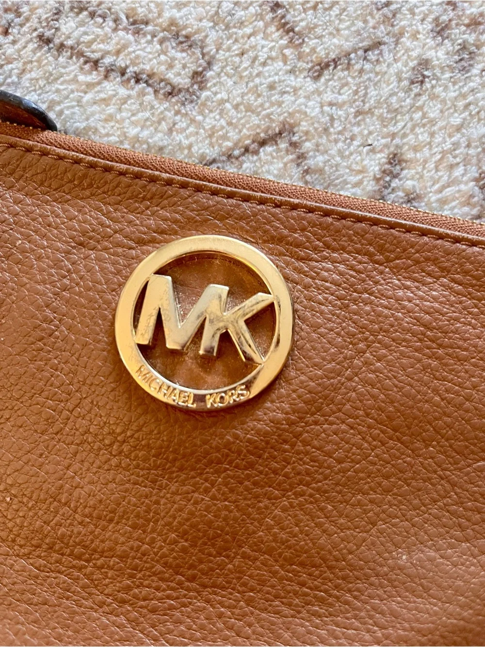 Michael Kors Chestnut Brown Leather Wristlet Clutch with Gold MK Emblem